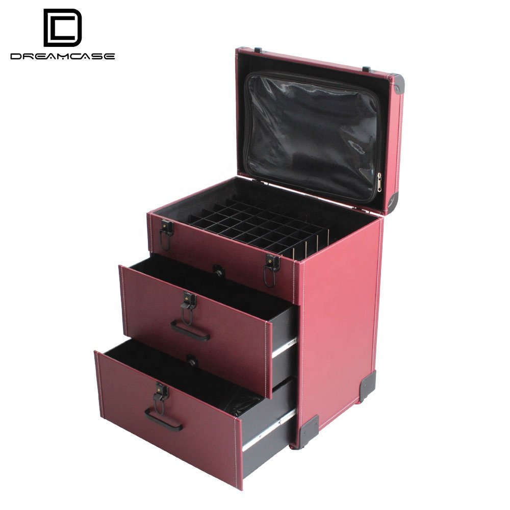 c Beauty salon Makeup vanity Travel Train Case trolley polish gel Box rolling Pu material nail art case