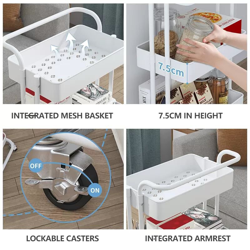 Metal Multifunction Home Storage Organization Rectangle Carbon Steel Floor Type Kitchen Cart Household Storage Organizer Cart