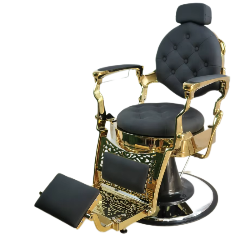 2024 Heavy Hair Salon Furniture Classic Antique Aluminum Folding Barber Chair Gold Hydraulic Styling Hair Salon Barber Chair