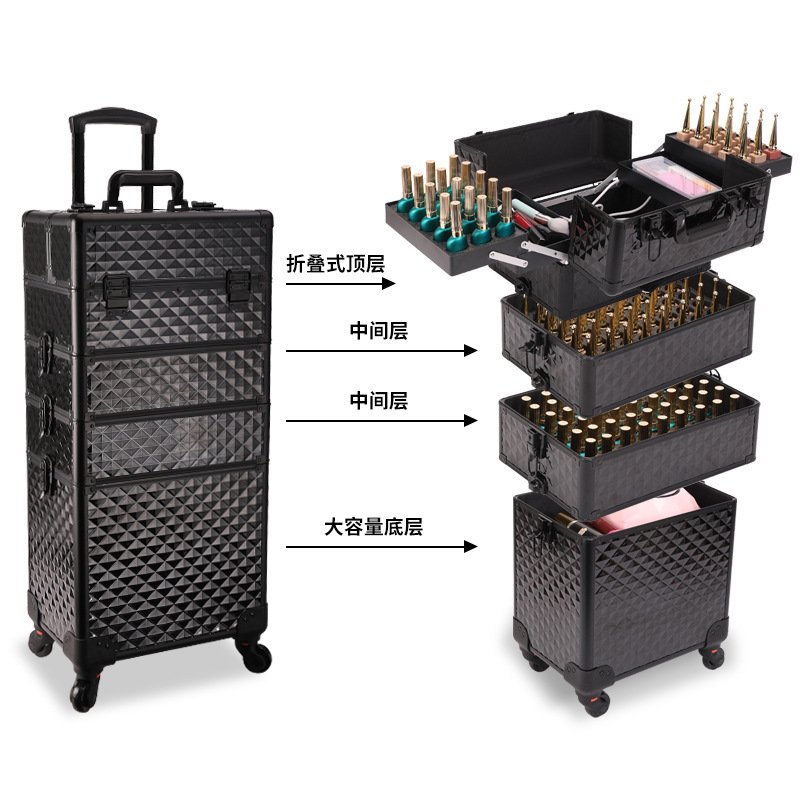 4 in 1 Professional Salon Rolling Makeup Train Case Nail Hairdressing Beauty Cosmetics Case Trolley Vanity Suitcase
