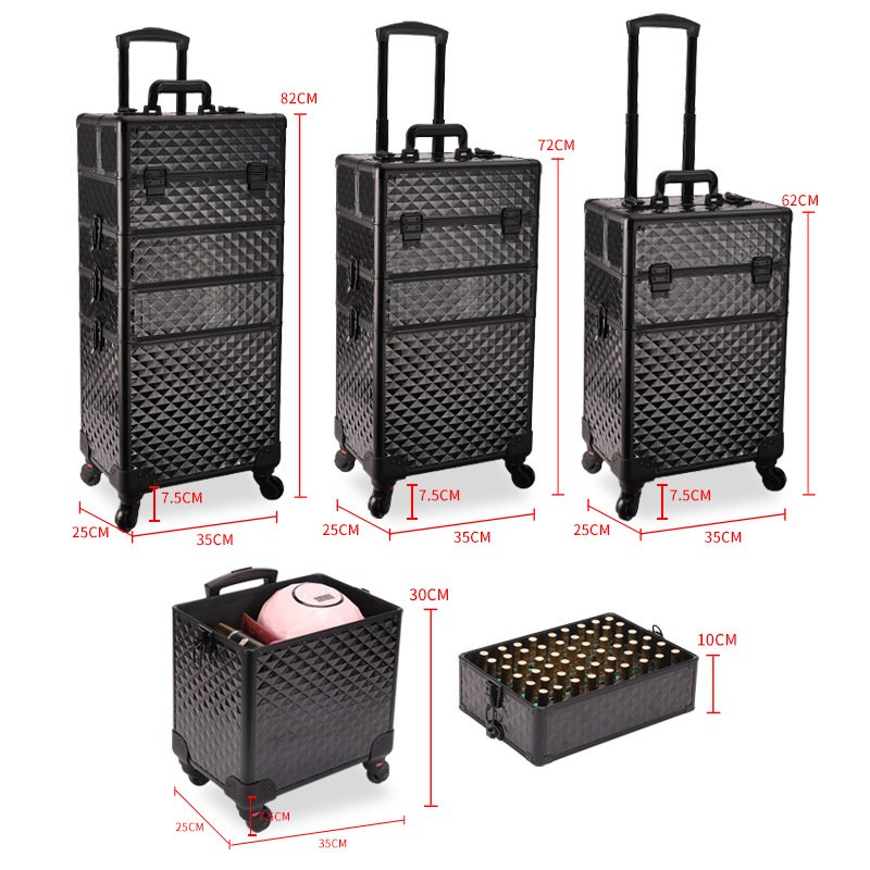 4 in 1 Professional Salon Rolling Makeup Train Case Nail Hairdressing Beauty Cosmetics Case Trolley Vanity Suitcase