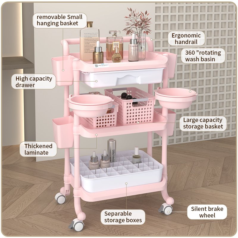 China Factory Prices beauty Luxury Beauty SPA Furniture Two/Three tier Plastic Pink Beauty Cart With Mute Castor