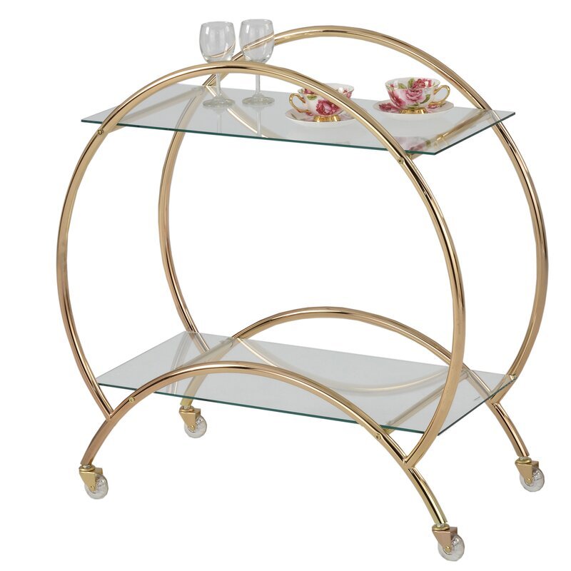Gold Contemporary Round Drinks Salon Metal Glass Coffee Kitchen Serving Trolley Bar Cart