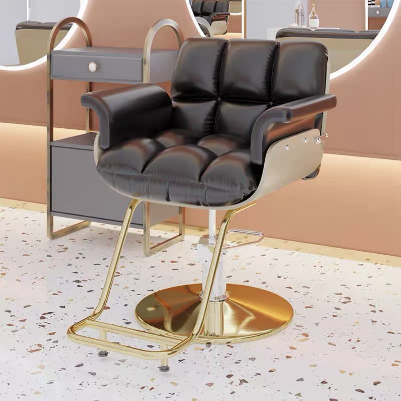 High-end Hair Salon Furniture Armchair Can Rotate And Lift Stainless Steel Black Metal Men's Barber Seat Chair