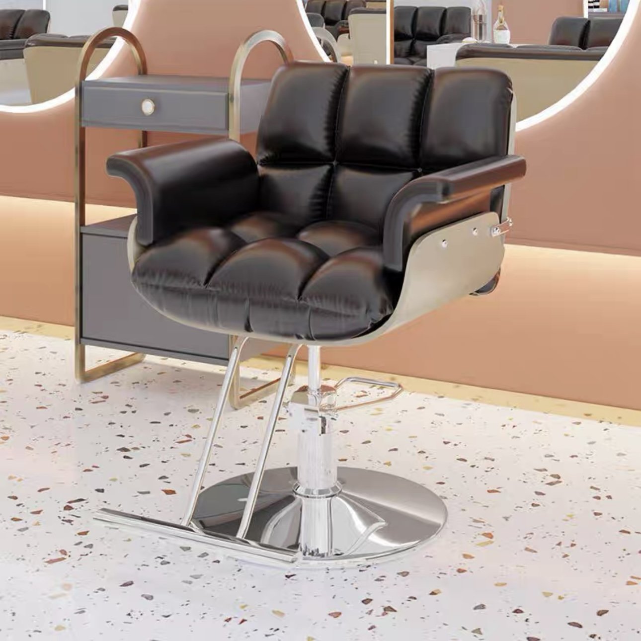 High-end Hair Salon Furniture Armchair Can Rotate And Lift Stainless Steel Black Metal Men's Barber Seat Chair