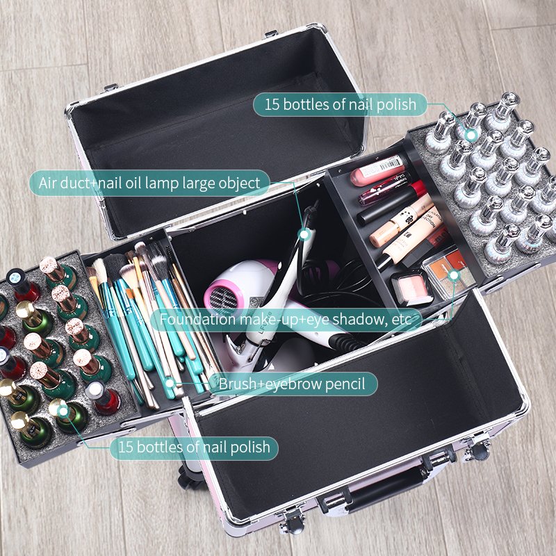 Rolling Makeup Train Case Salon Lockable Travel Trolley with Sliding Drawers Case Aluminum Cosmetic with Wheel Barber