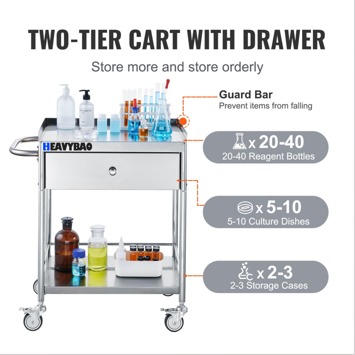 Heavybao 2-Layer Stainless Steel Cart 220 lbs Weight Capacity Lab Utility Cart for Lab Clinic Kitchen Salon Medical Cart Trolley