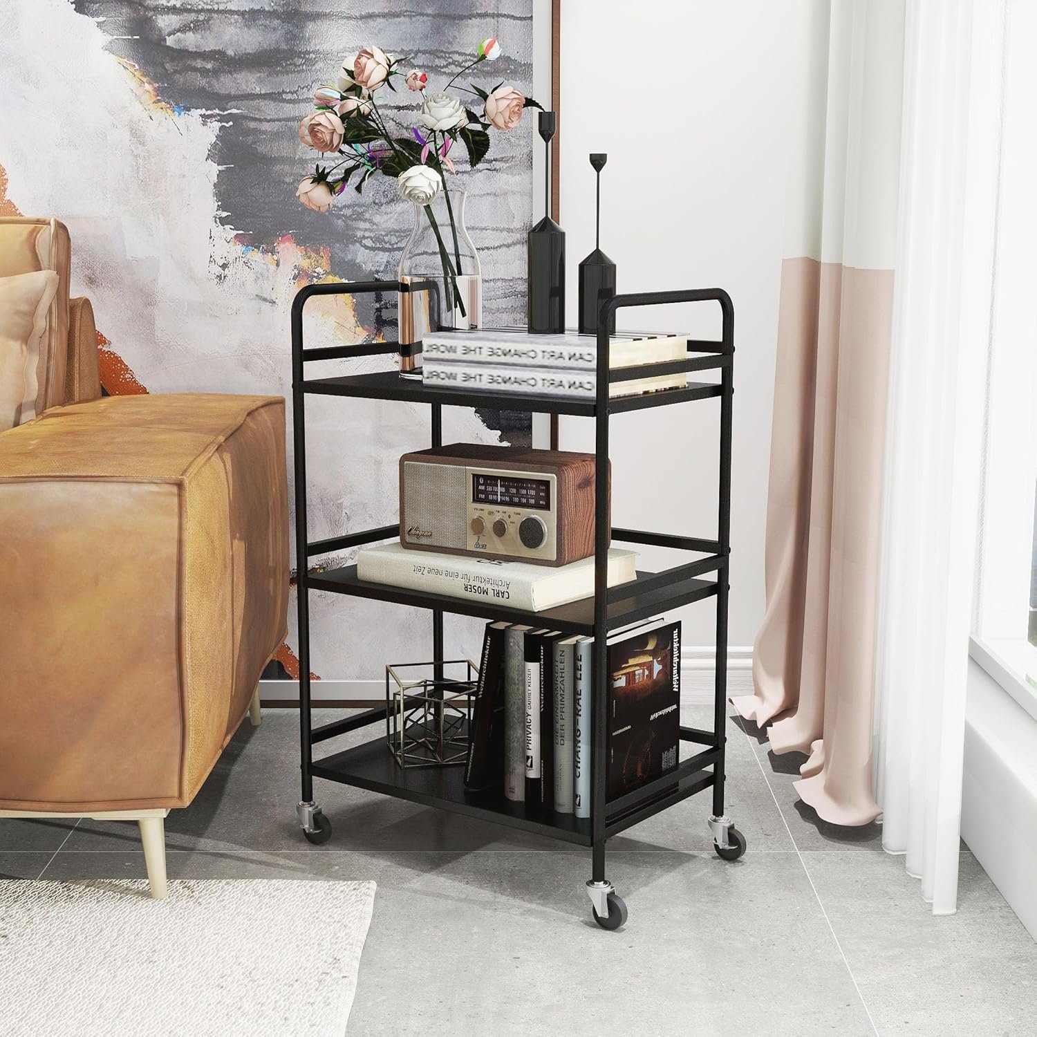 Movable 3-tier metal rolling cart storage rack folding utility organizer steel trolley lockable wheels kitchen bathroom salon