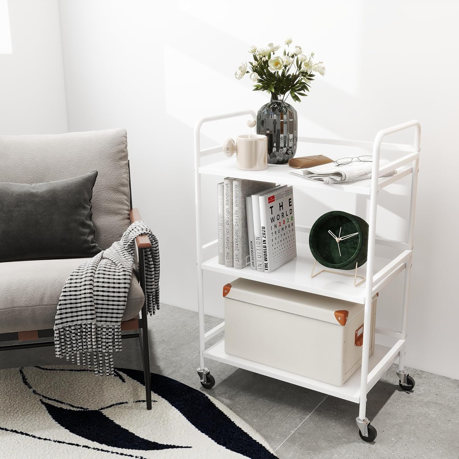 Movable 3-tier metal rolling cart storage rack folding utility organizer steel trolley lockable wheels kitchen bathroom salon