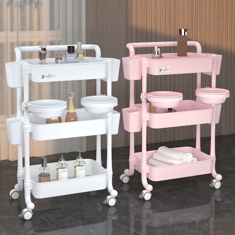 Hot Sale ABS Movable Easy Assembly Add High Distance Large Storage Plastic Beauty Cart With Washbowl And Wheel