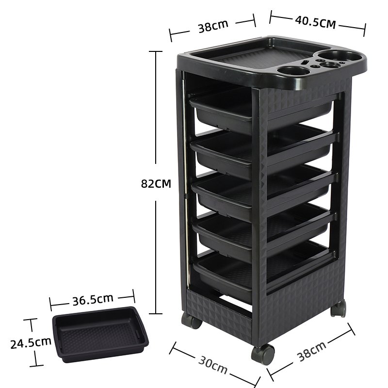 Home Beauty Use PP Plastic Quality Mobile Black Salon Trolley with 4 Drawers Salon Furniture Equipment Trolley For Barber