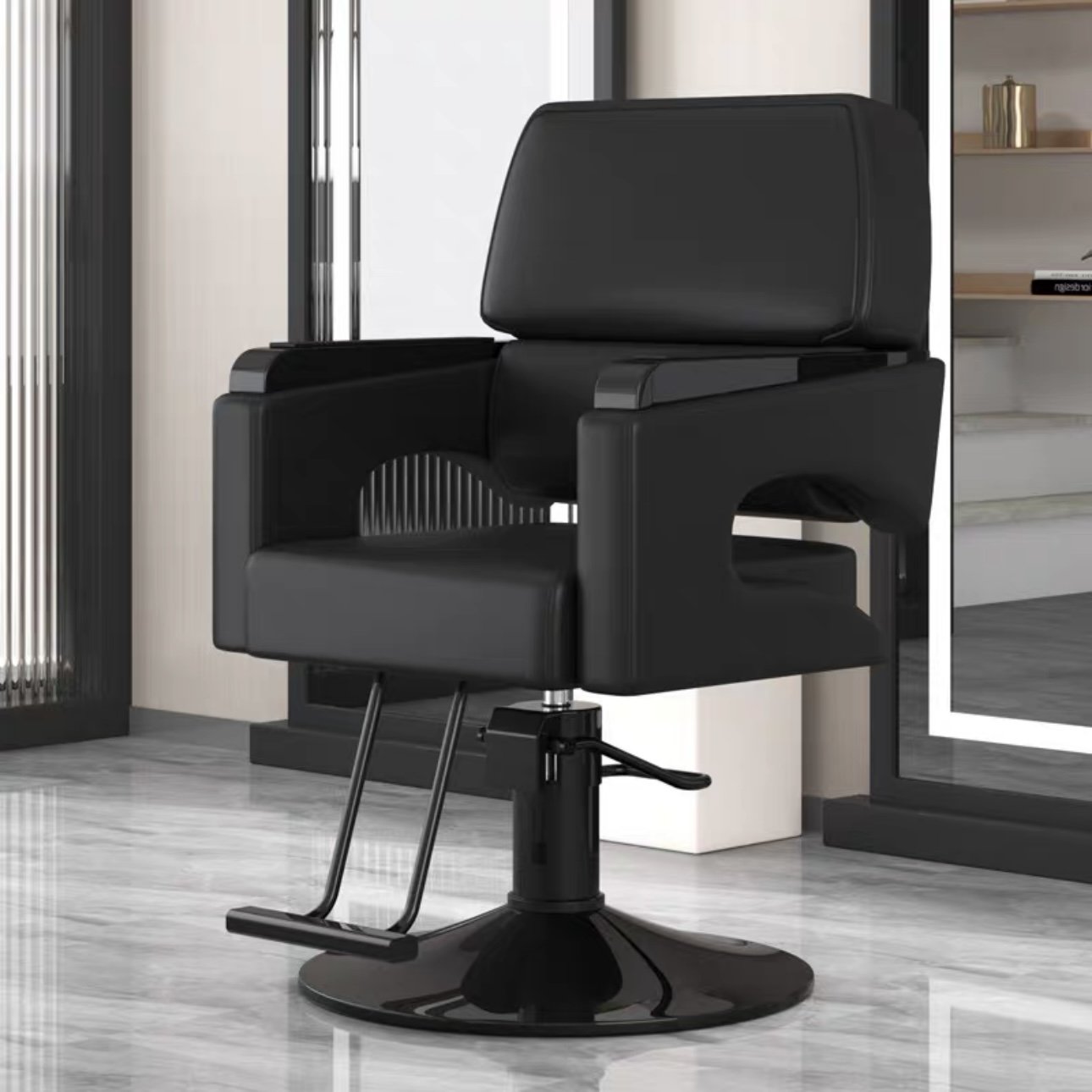 High-end Hair Salon Furniture Armchair Can Rotate And Lift Stainless Steel Black Metal Men's Barber Seat Chair