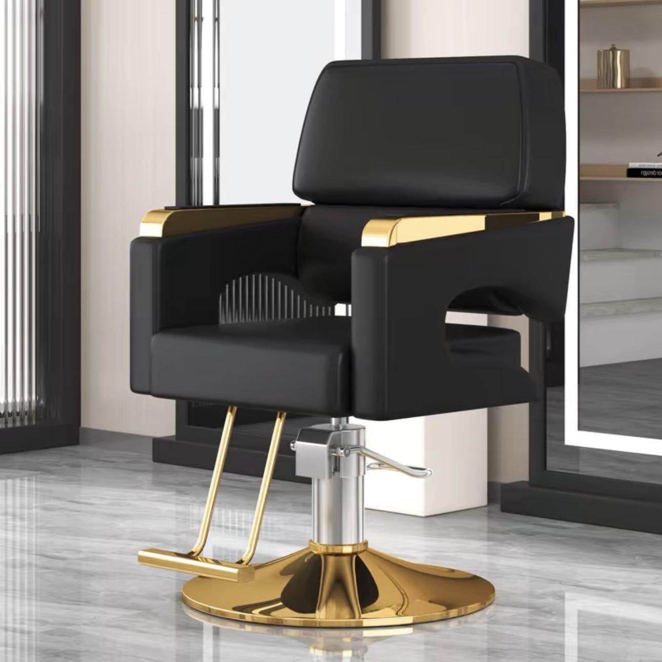 High-end Hair Salon Furniture Armchair Can Rotate And Lift Stainless Steel Black Metal Men's Barber Seat Chair