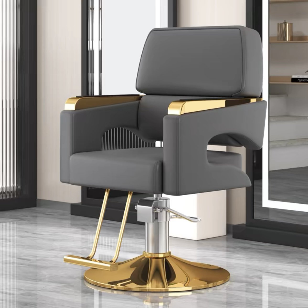 High-end Hair Salon Furniture Armchair Can Rotate And Lift Stainless Steel Black Metal Men's Barber Seat Chair