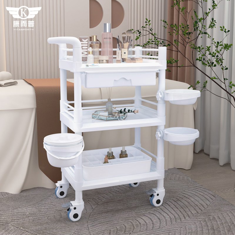 High Quality Factory Price More Size Well Handle Design White Plastic Salon Trolley With Rail For Every Layers