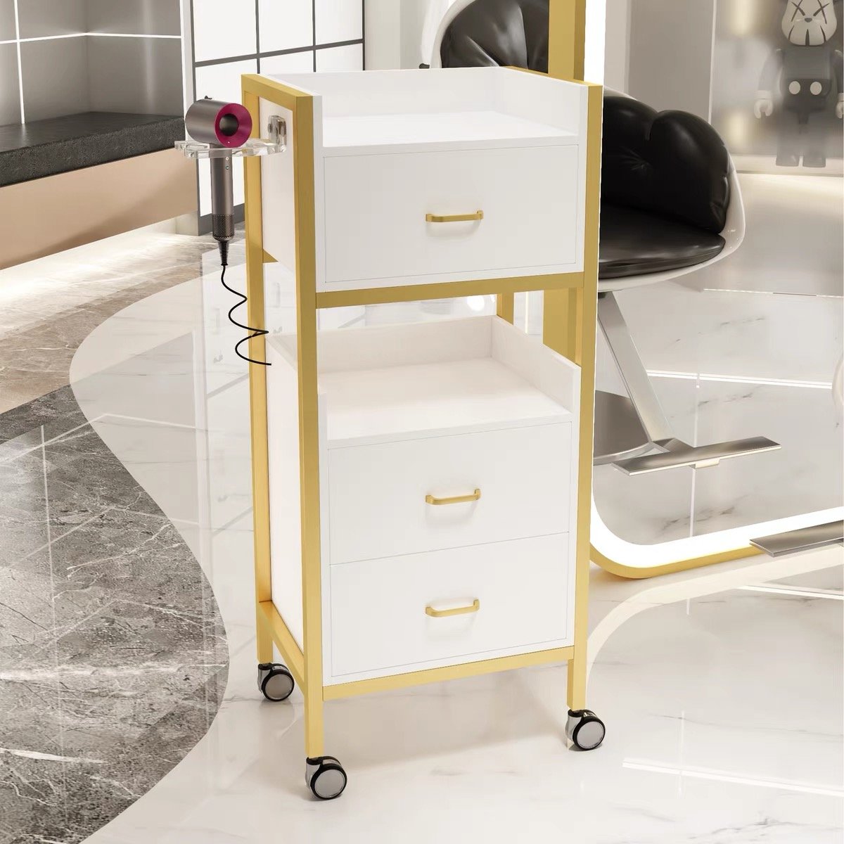 Modern Gold Barber Chair Set Salon Furniture Wood Trolley Hairdressing Fashionable Beauty Shop Tool Cart