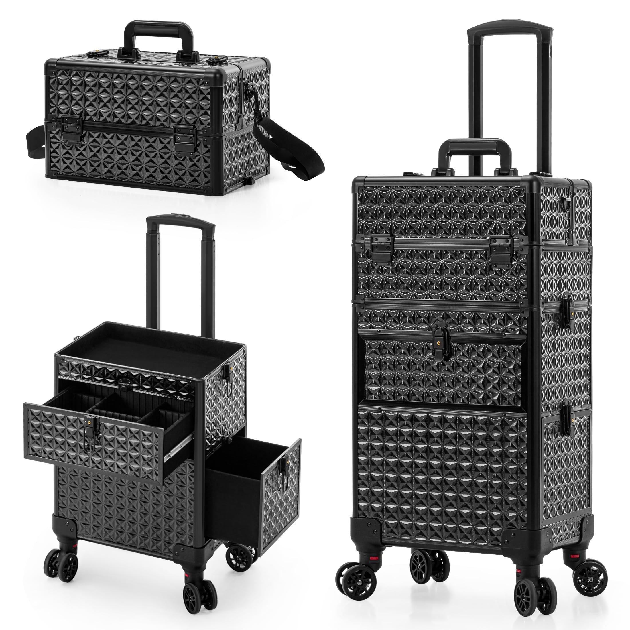 Rolling Makeup Train Case Nail Technicians Hairstylist Storage Travel Cosmetic Case with Large Drawer