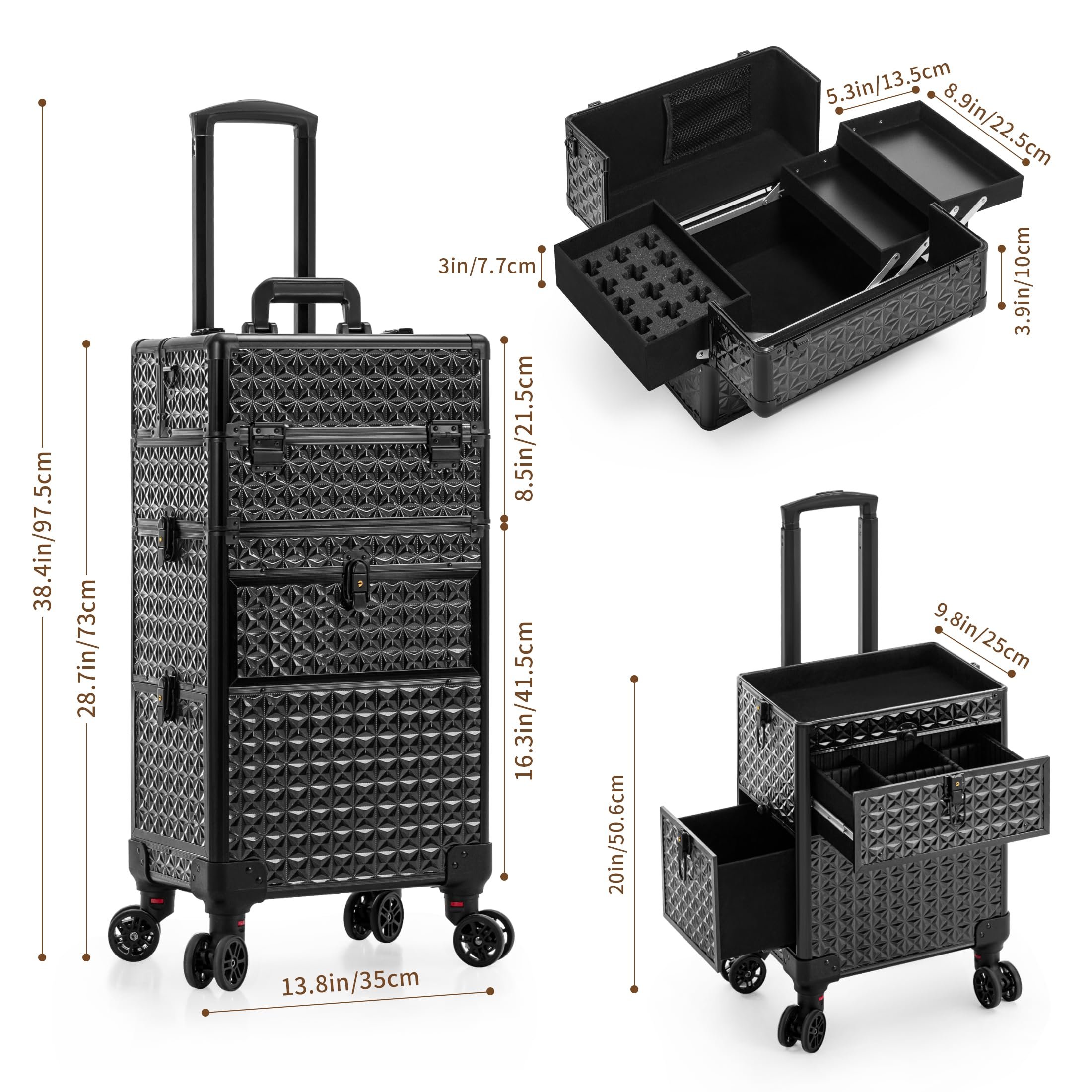 Rolling Makeup Train Case Nail Technicians Hairstylist Storage Travel Cosmetic Case with Large Drawer
