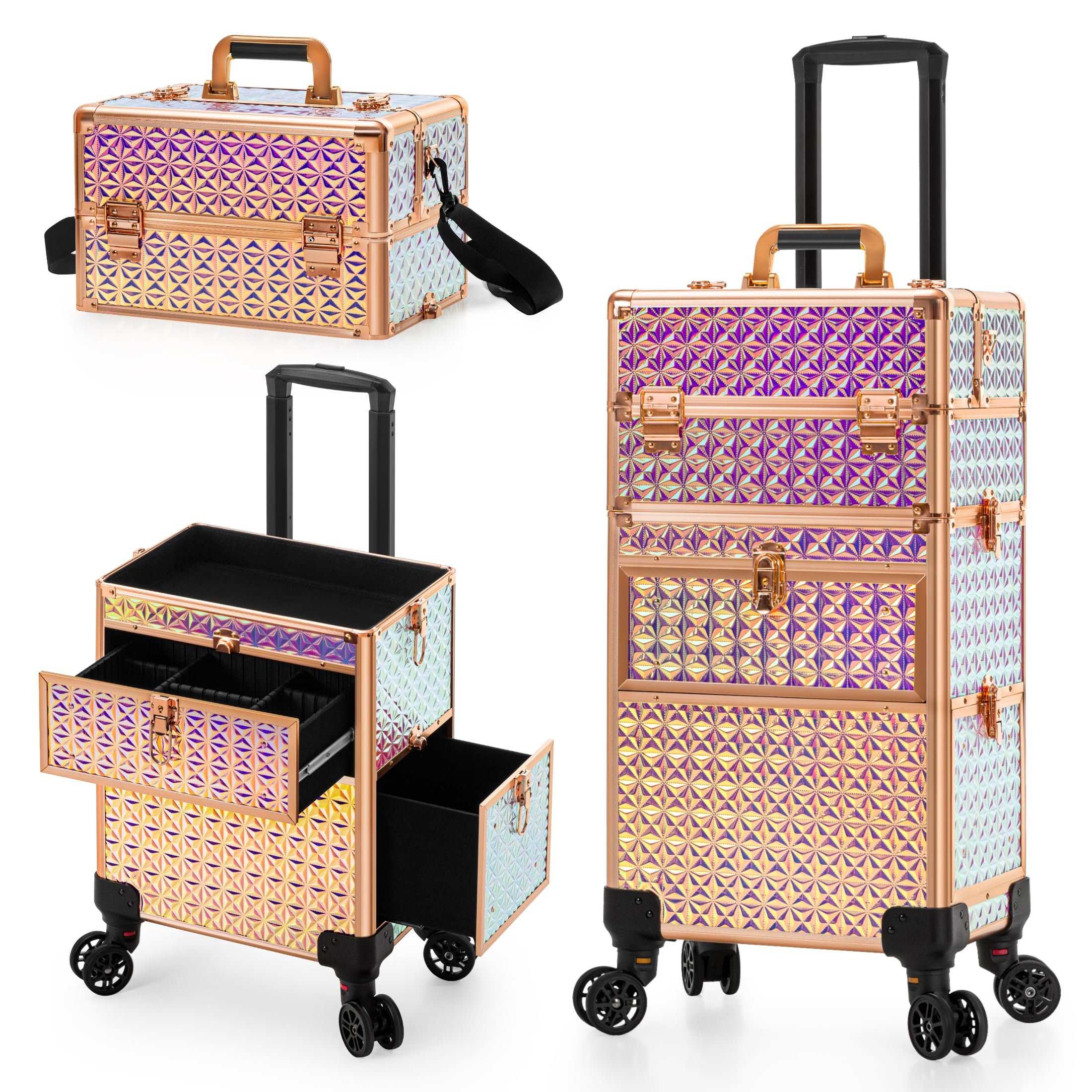 Rolling Makeup Train Case Nail Technicians Hairstylist Storage Travel Cosmetic Case with Large Drawer