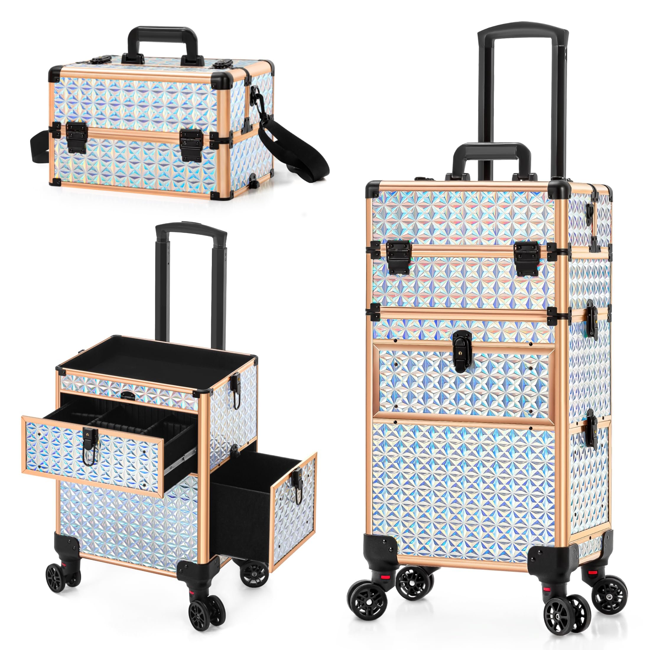 Rolling Makeup Train Case Nail Technicians Hairstylist Storage Travel Cosmetic Case with Large Drawer