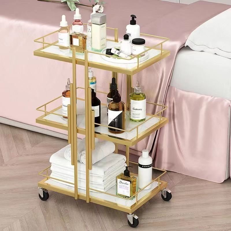 Modern 3-Layer Gold Beauty Nail Car with Lock Wheels for Salons Nail Shops Durable Metal Construction Living Room Kitchen Use