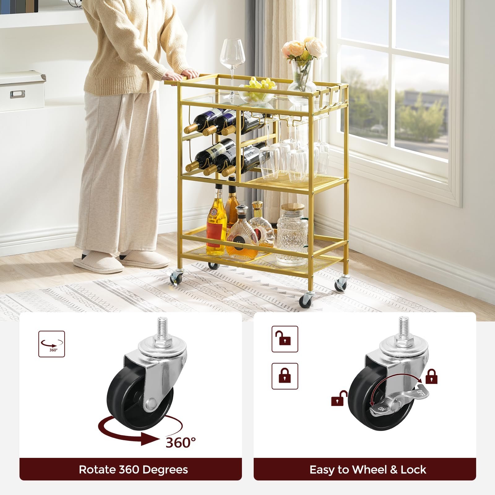 Wholesale Tiers Metal Frame Serving Bar Hotel & Home Luxury Gold Stainless Steel Tea Carts Serving Trolley Bar Cart Metal