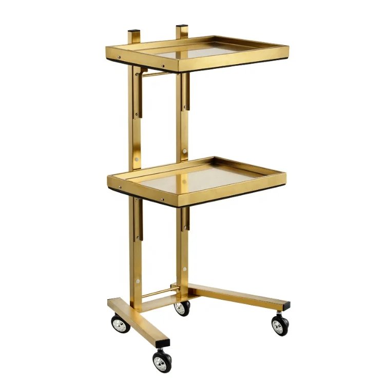 2023 JIYOU Portable gold folding trolley beauty salon stainless steel 2 tray 4 universal wheels rolling