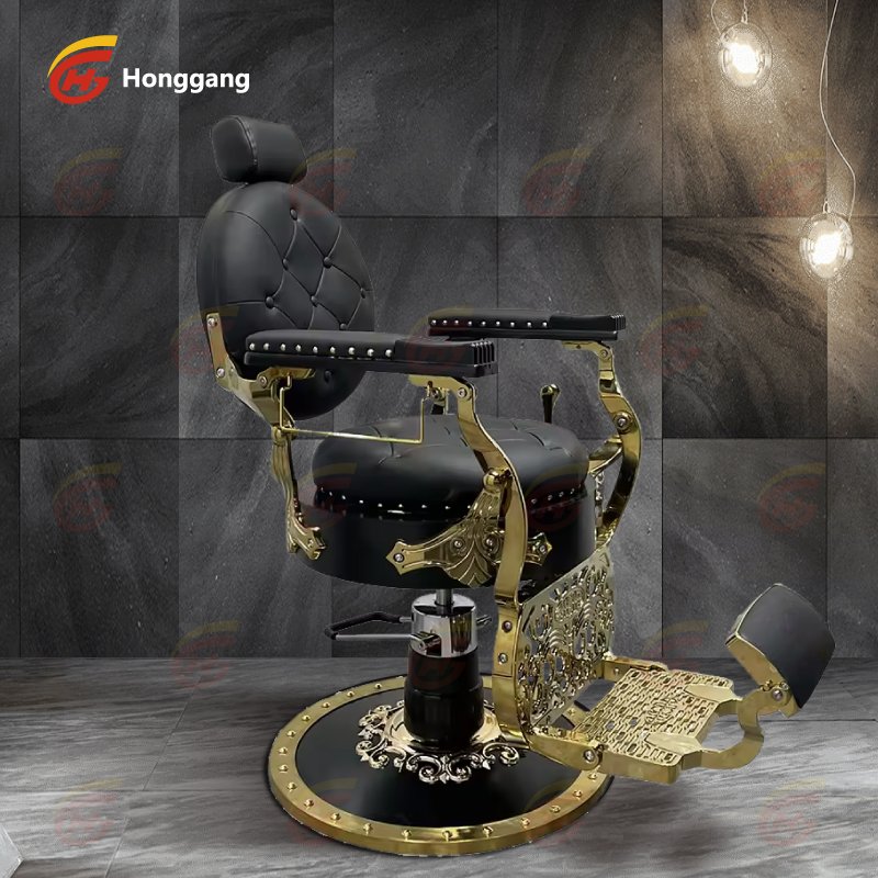 High Quality Luxury Gold Metal Barber Chair Large Pump Reversible Shop Location Leather Color Logo Suitable for Barber Shop