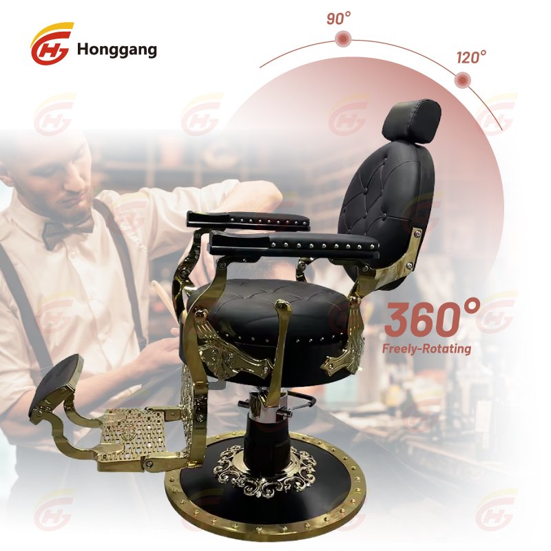 High Quality Luxury Gold Metal Barber Chair Large Pump Reversible Shop Location Leather Color Logo Suitable for Barber Shop