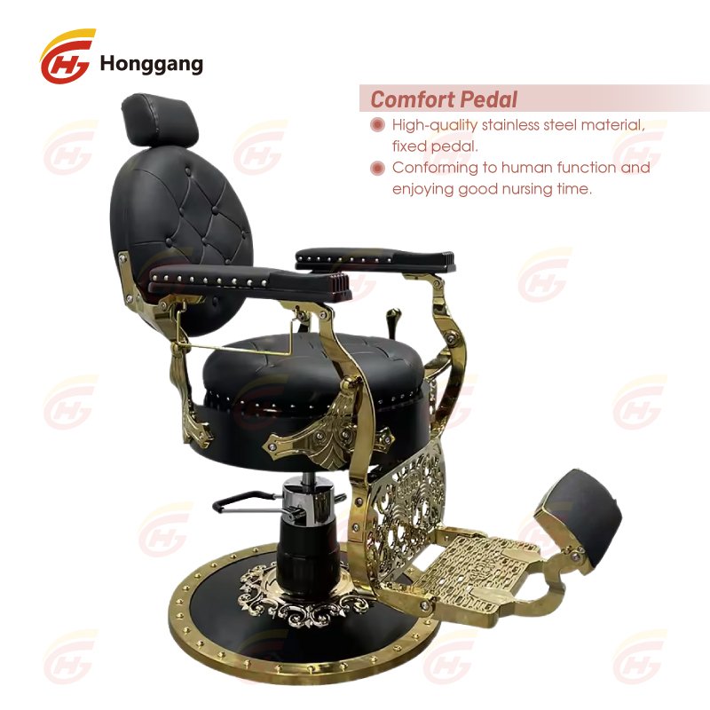 High Quality Luxury Gold Metal Barber Chair Large Pump Reversible Shop Location Leather Color Logo Suitable for Barber Shop