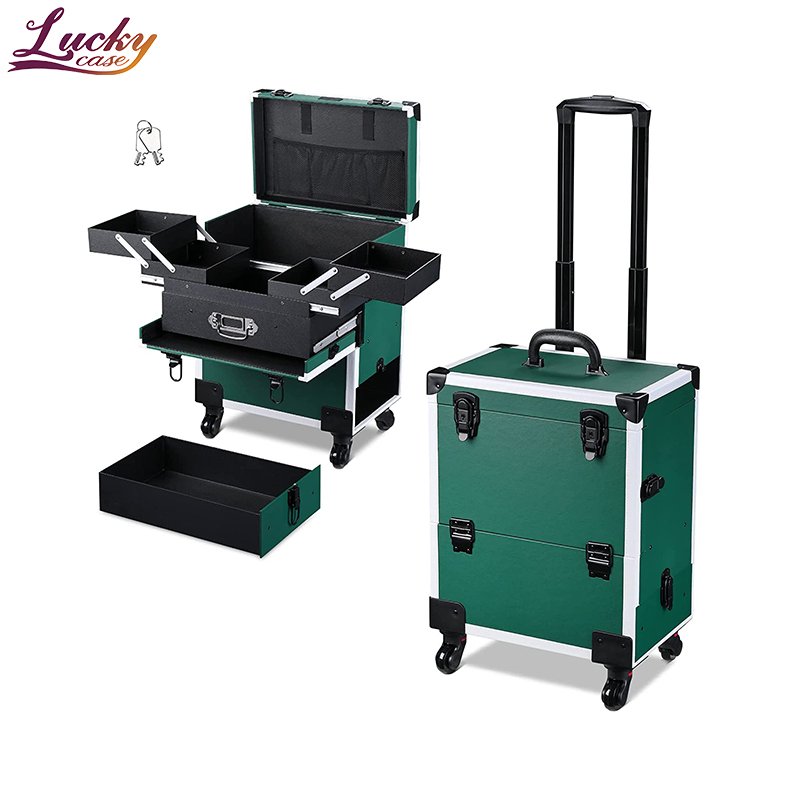 Rolling Makeup Train Case Cosmetic Salon Cosmetology Organizer Trolley Lockable 4-Tiers Tray Storage with Drawer