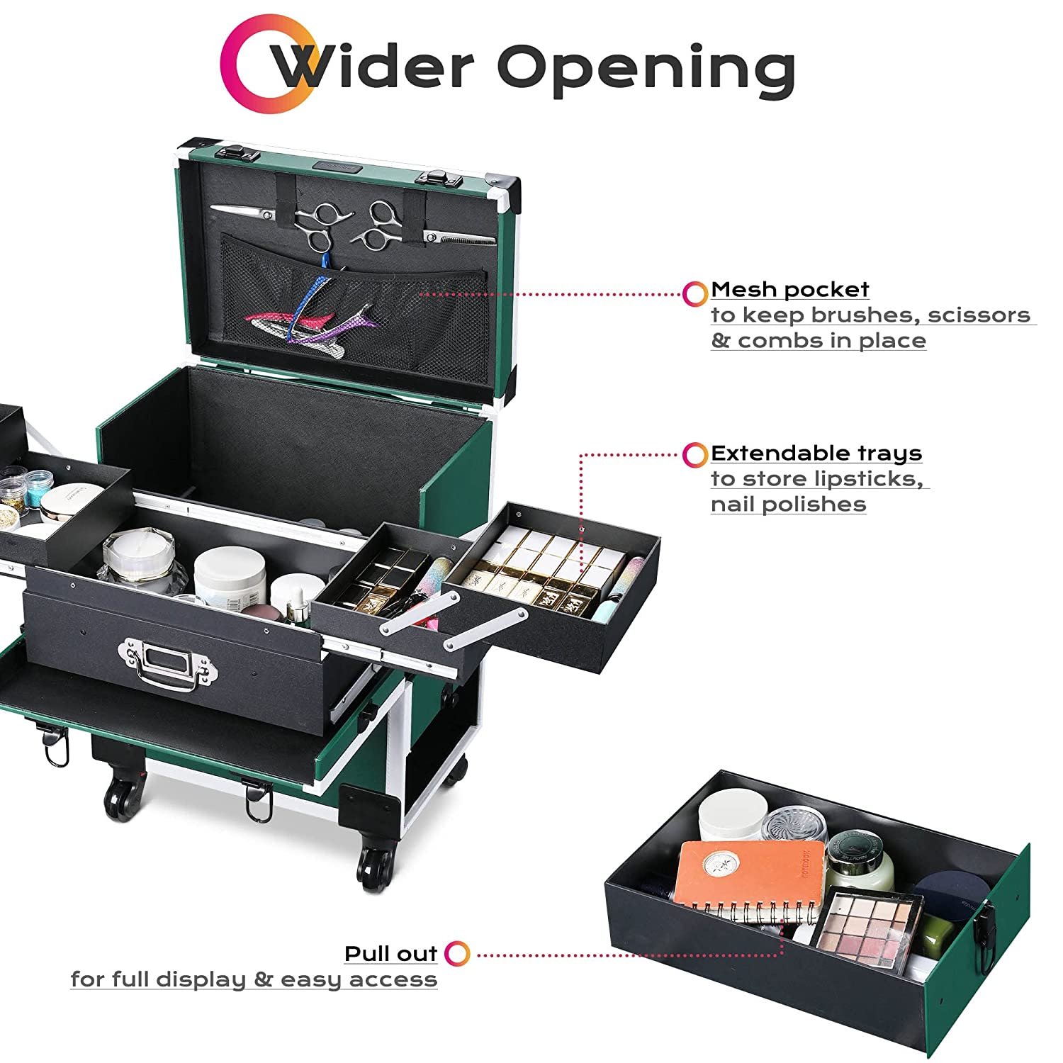 Rolling Makeup Train Case Cosmetic Salon Cosmetology Organizer Trolley Lockable 4-Tiers Tray Storage with Drawer