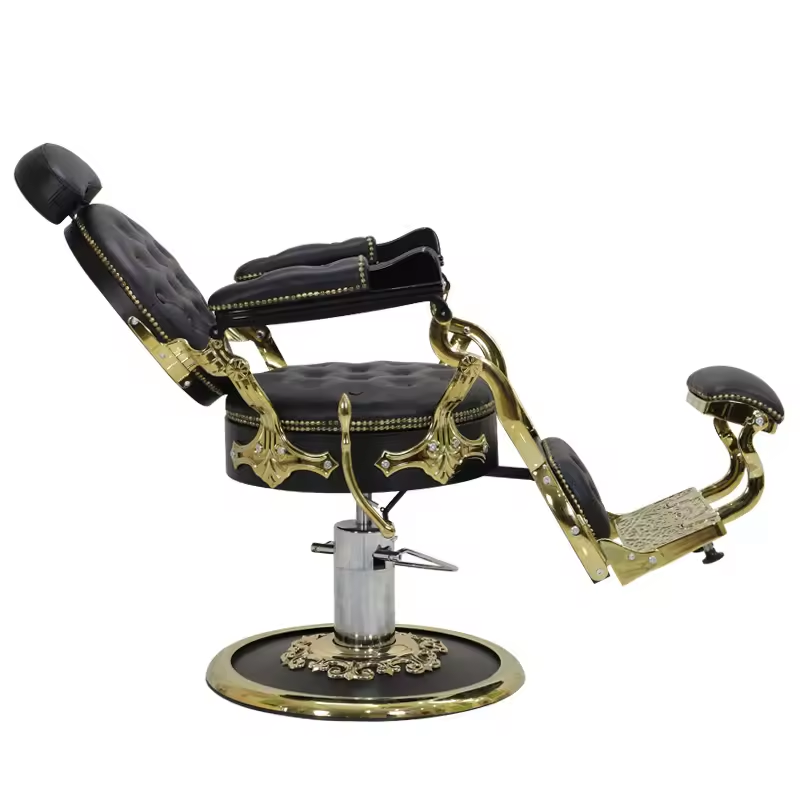 High quality vintage black leather salon barber chair luxury reclining barbershop golden hairdressing chair