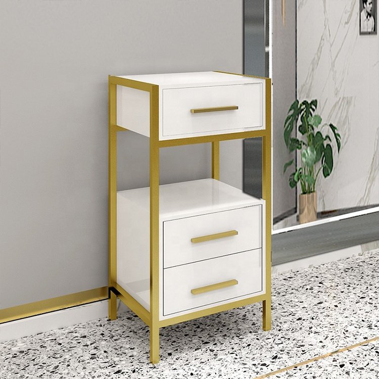 White gold metal beauty hair salon storage tool cart modern barbershop salon trolley for sale
