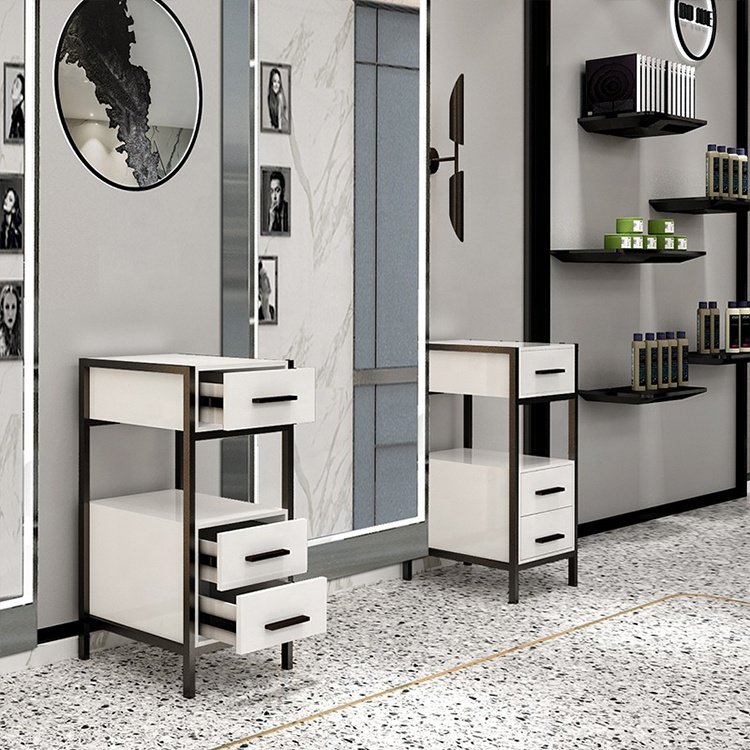 White gold metal beauty hair salon storage tool cart modern barbershop salon trolley for sale