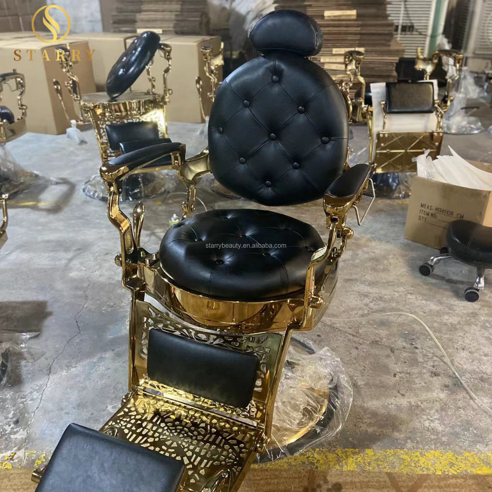 High-end hair salon furniture armchair rotate and lift black gold vintage barber chair
