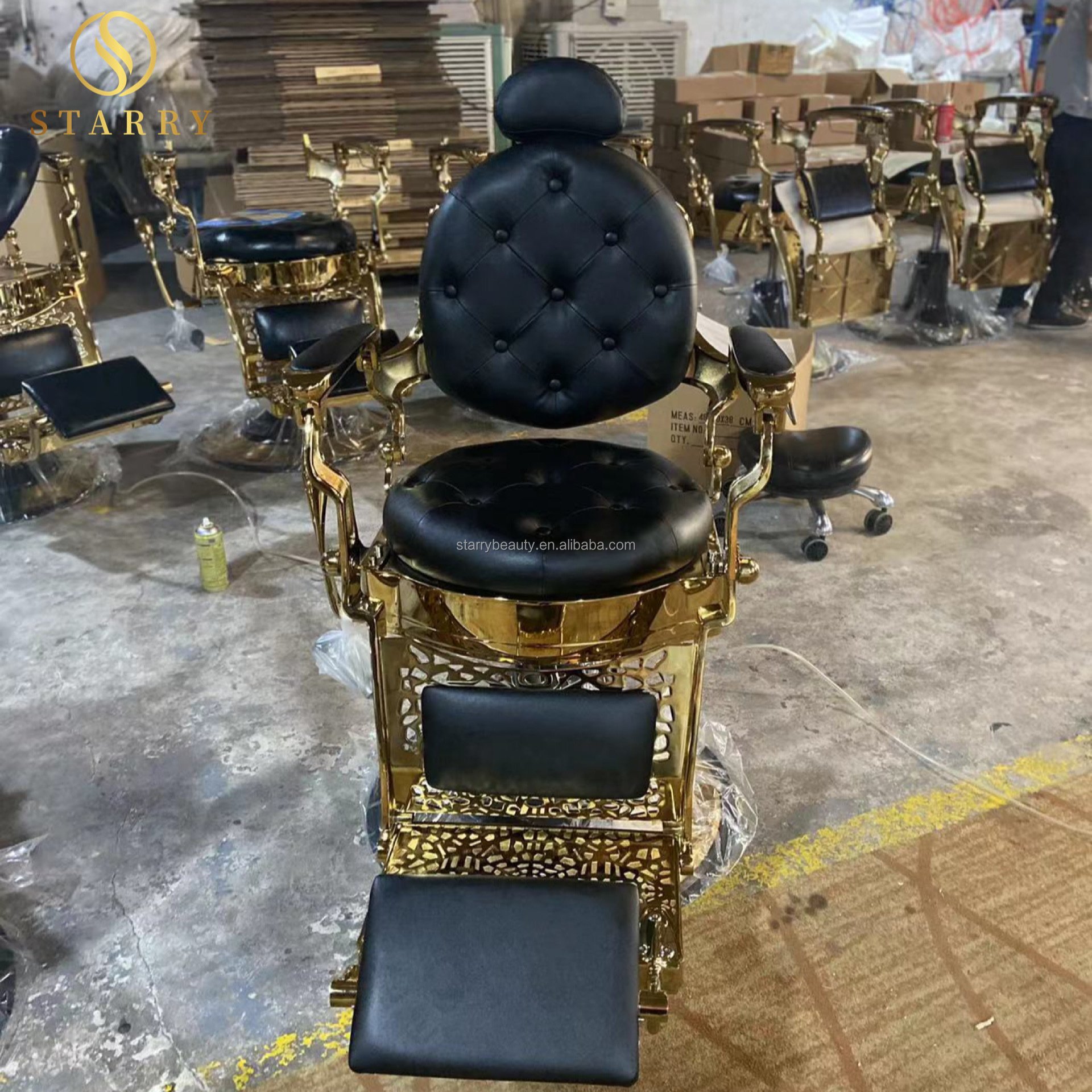 High-end hair salon furniture armchair rotate and lift black gold vintage barber chair