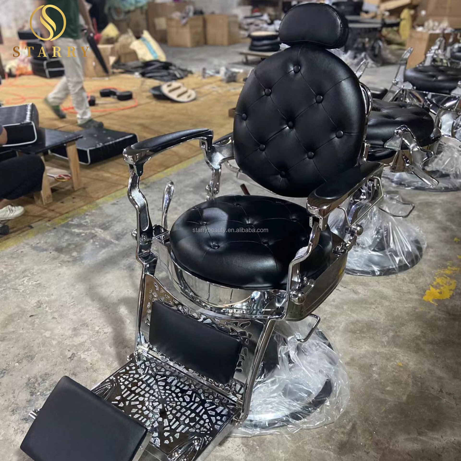 High-end hair salon furniture armchair rotate and lift black gold vintage barber chair