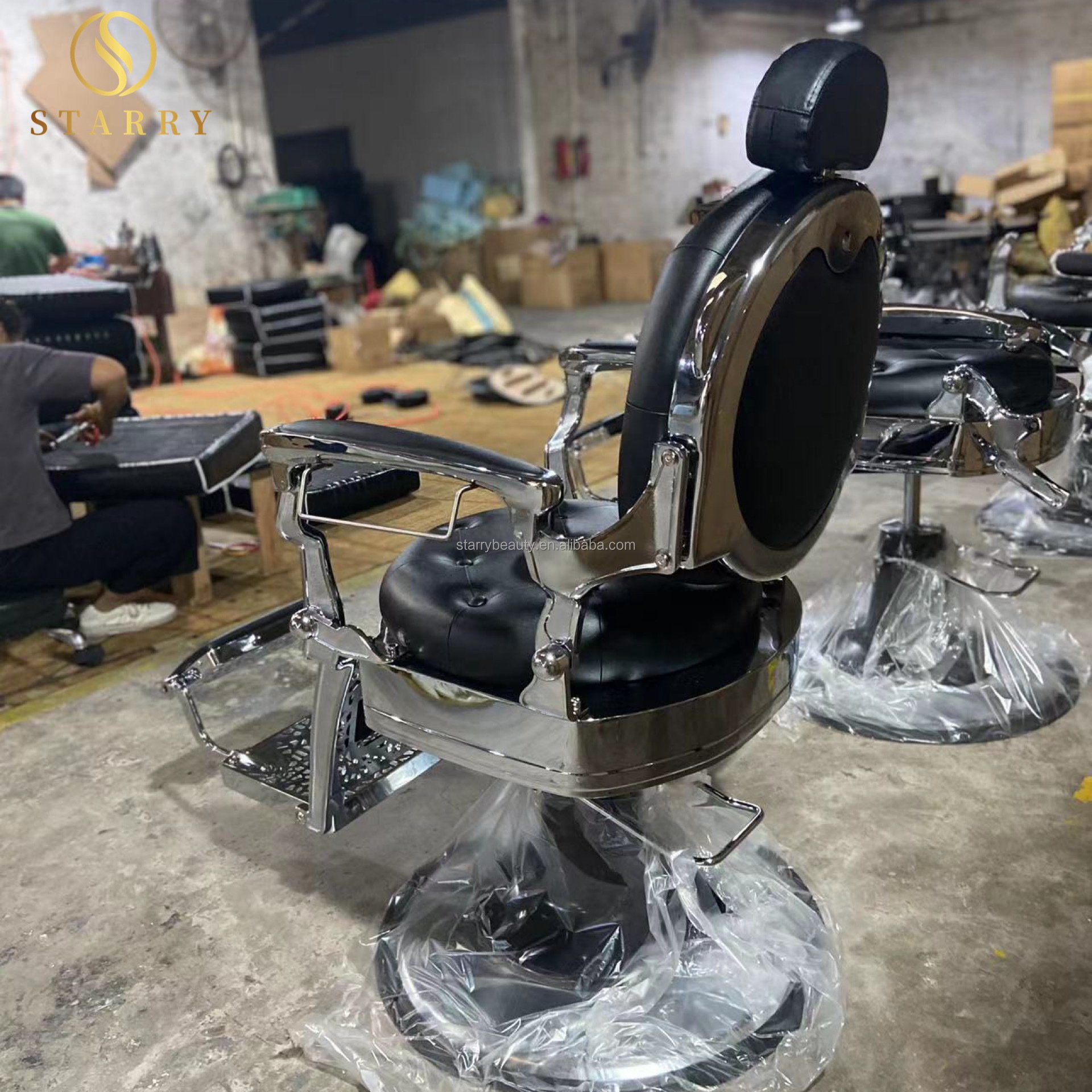 High-end hair salon furniture armchair rotate and lift black gold vintage barber chair