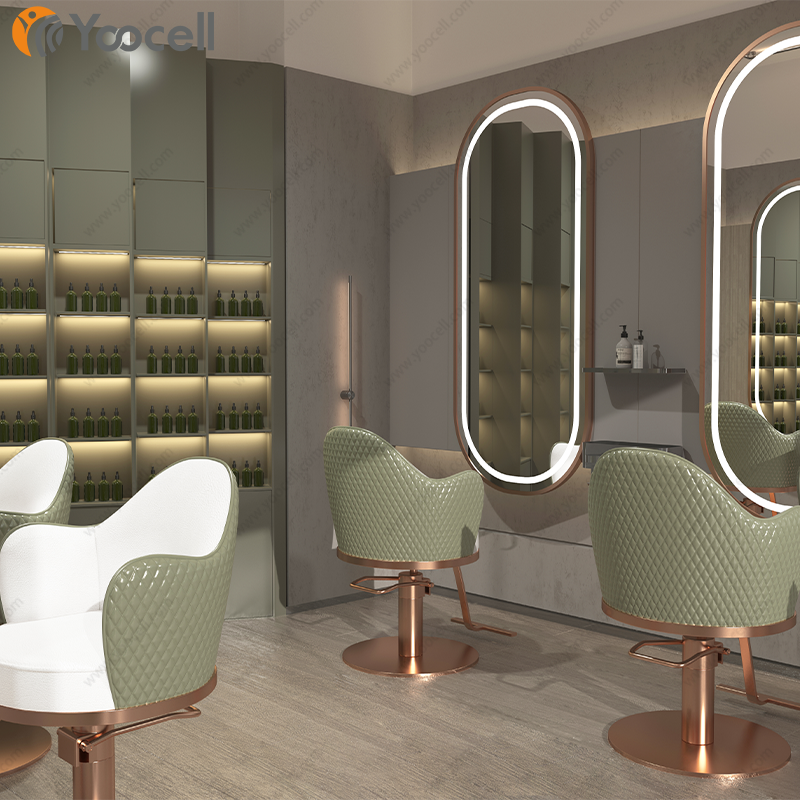Yoocell new arrival green leather rose gold metal stainless steel round base chairs with footrest saloon makeup chair