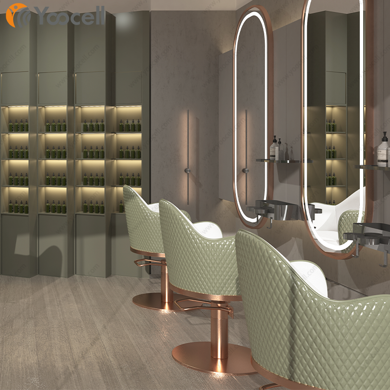 Yoocell new arrival green leather rose gold metal stainless steel round base chairs with footrest saloon makeup chair