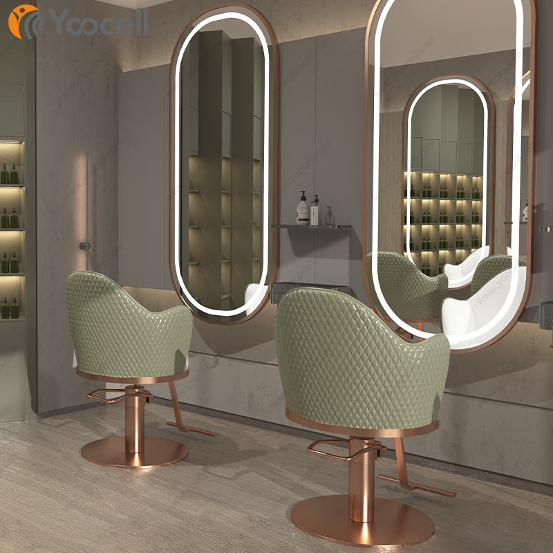 Yoocell new arrival green leather rose gold metal stainless steel round base chairs with footrest saloon makeup chair
