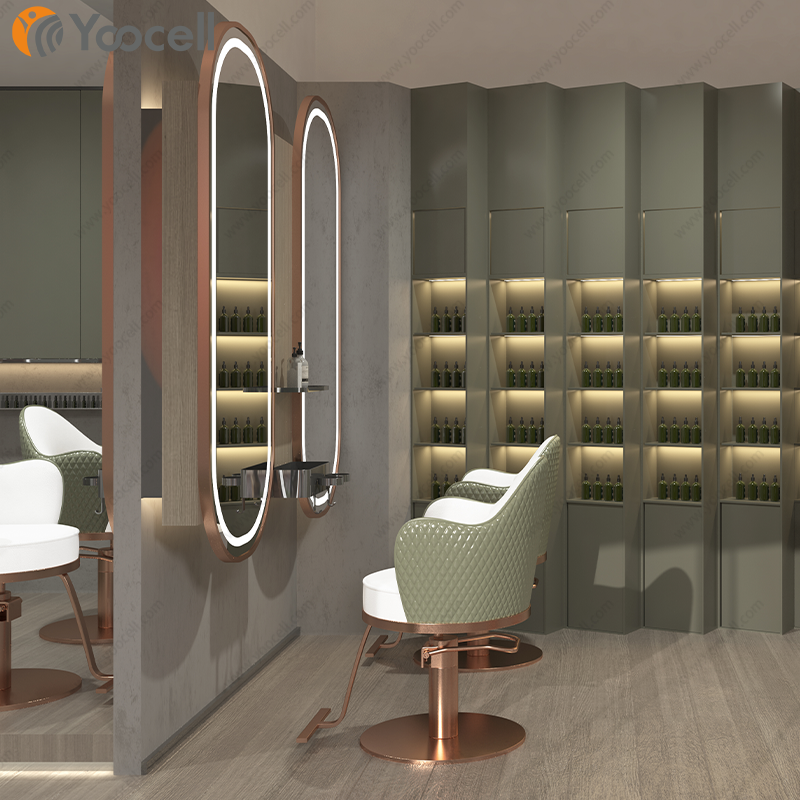 Yoocell new arrival green leather rose gold metal stainless steel round base chairs with footrest saloon makeup chair