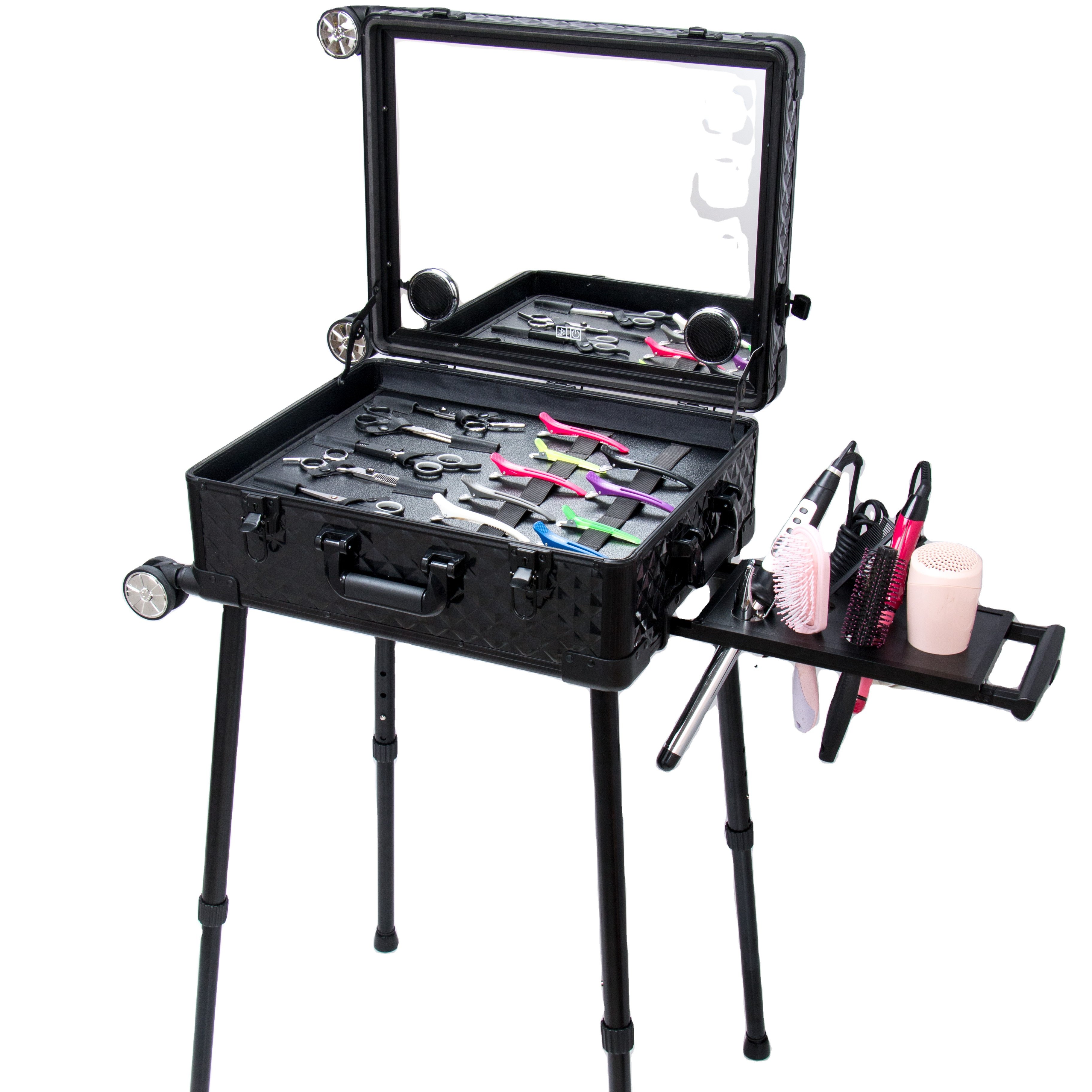Hard Shell Carrying Case Hair Salon Makeup Case Professional Makeup Barber Trolley Case With LED Mirror