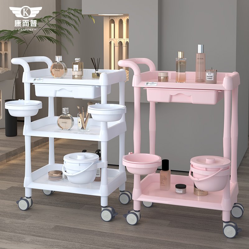 Factory wholesale New Design High quality Material Multifunctional Two Layer Plastic Beauty Spa Cart With Two Washbowl