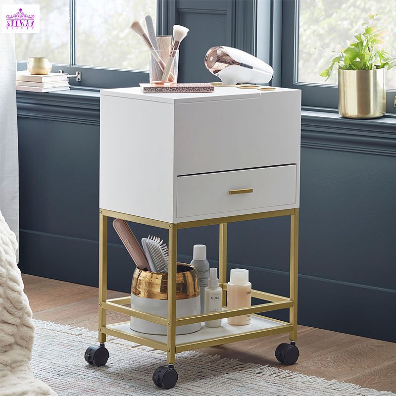 luxury wooden salon trolley white and gold makeup artist trolley with mirror