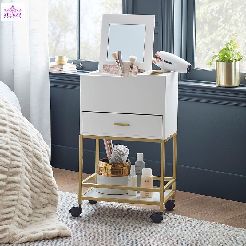 luxury wooden salon trolley white and gold makeup artist trolley with mirror