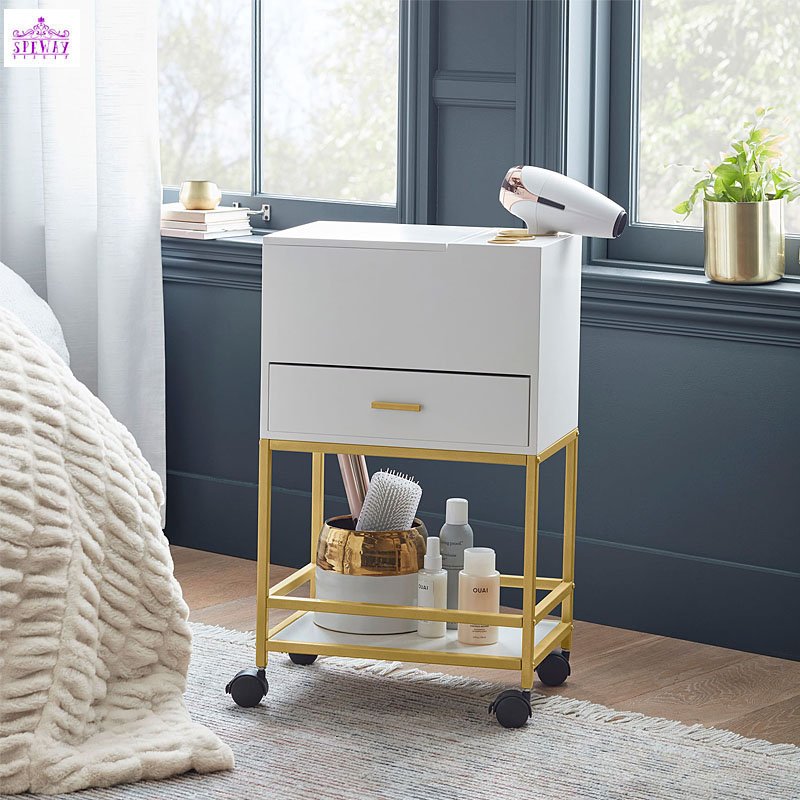 luxury wooden salon trolley white and gold makeup artist trolley with mirror