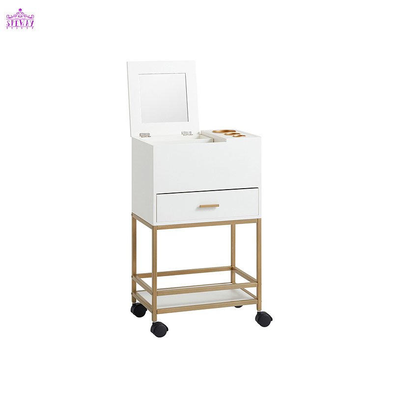 luxury wooden salon trolley white and gold makeup artist trolley with mirror