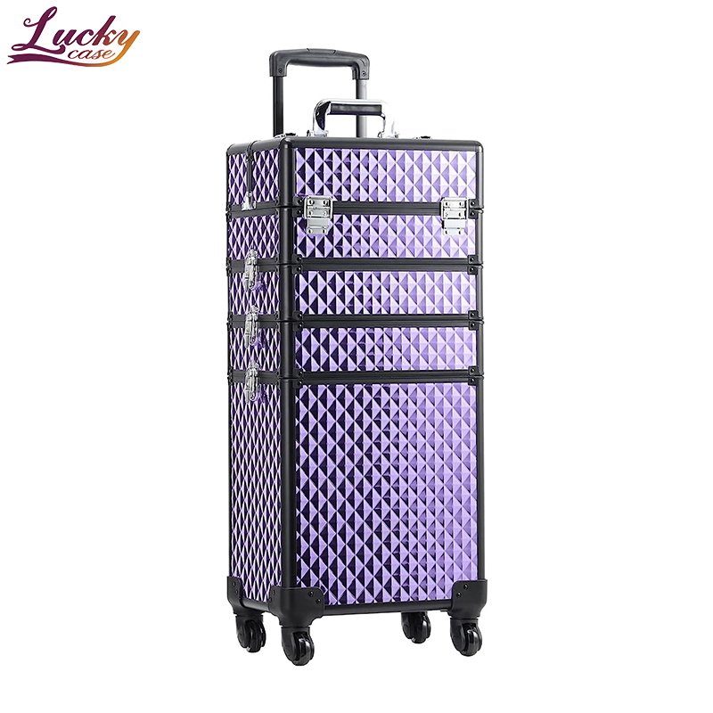 4 in1 Large Capacity Lockable Aluminum Travel Beauty Box Vanity Nail Salon Portable Makeup Train Rolling Case